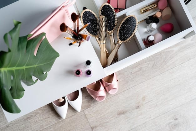 A well-organized and aesthetically pleasing closet showcasing a curated selection of clothes, accessories, and shoes. The items are neatly arranged by color or type, with ample space, reflecting a thoughtful and intentional wardrobe.