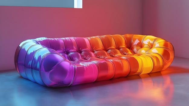 A living space with a strong Retro Futurism vibe, showcasing a curved, brightly colored sofa, a metallic sculptural lamp, and abstract art on the walls, blending futuristic forms with a vintage palette.