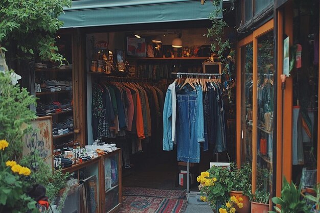 A diverse group of young people enthusiastically browsing racks of fashionable, gently used clothing in a trendy, well-lit vintage store, with a 