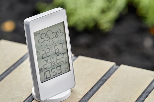 A sleek, minimalist smart thermostat displaying energy usage data, connected to solar panels on a rooftop clearly visible in the background. Emphasize sustainability.
