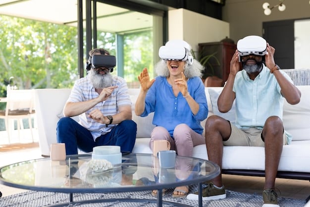 A diverse group of people wearing VR headsets, interacting in a shared metaverse space, adorned with various digital fashion items, indicating broad adoption and diverse styles.