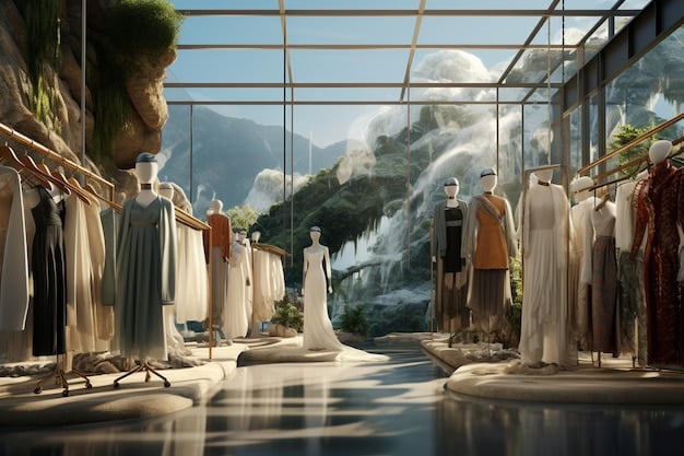 A digital concept art depicting a sustainable fashion factory for gender-neutral clothing, with natural light, green practices visible, and diverse workers collaboratively designing and producing garments, emphasizing eco-consciousness and innovation.