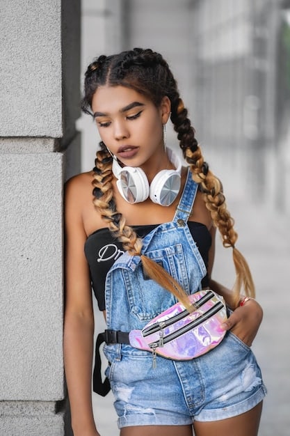 A close-up of a model wearing a glittery crop top, low-rise distressed jeans, and a petite baguette bag, with hair adorned by colorful butterfly clips, embodying classic Y2K style.