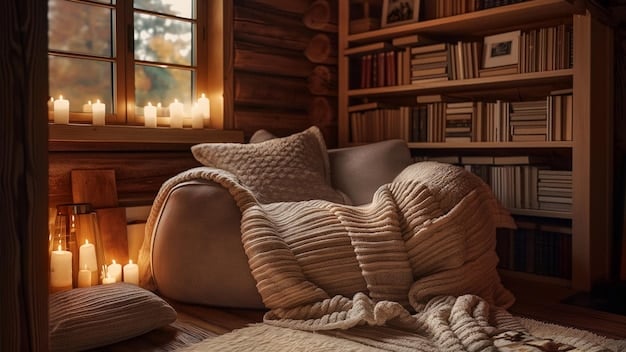A cozy maximalist reading nook filled with layered blankets, a stack of books, unique decorative objects, and soft, inviting lighting, emphasizing comfort.