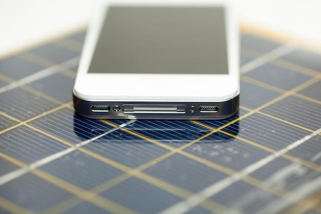 A close-up of a sustainably designed smartphone charging efficiently with a tiny integrated solar panel on its back, displaying a high battery percentage.