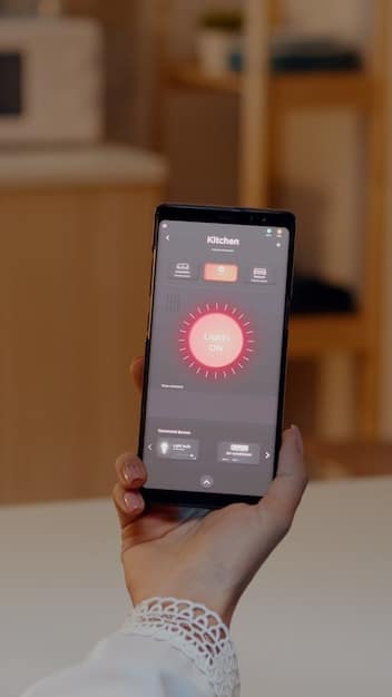 A close-up of a hand holding a smartphone, actively controlling a smart thermostat app interface. The app displays current temperature, scheduling options, and energy usage graphs, implying remote management and data insights.