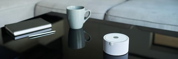 A sleek, modern smart home hub on a coffee table, surrounded by various smart devices seamlessly connected, with an elderly couple leisurely using a tablet in the background, representing integrated technology.