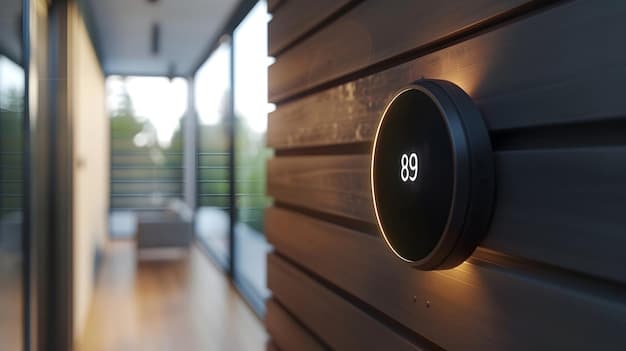 A close-up of a multi-sensor device, possibly a smart home security hub, displaying an icon representing AI processing. The background is a blurred modern living room, emphasizing integration.