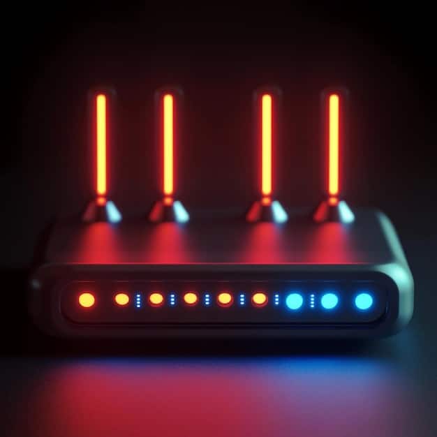 A close-up view of a Wi-Fi 6E router's LEDs indicating active connections and strong signals, demonstrating its operational efficiency and connection status.