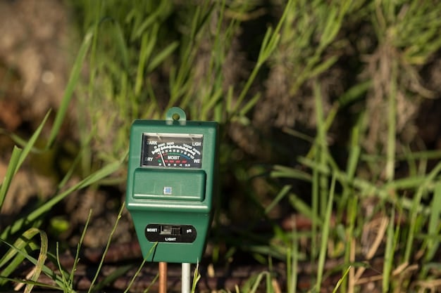 A close-up of a soil moisture sensor inserted into a lush green lawn, demonstrating how smart irrigation systems monitor soil conditions to optimize water usage.
