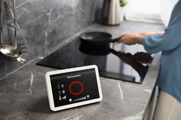 A sleek, modern smart oven with a large touch screen displaying a recipe, set against a blurred background of a contemporary kitchen.