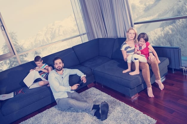 A family happily gathered in a modern living room, with a subtle overlay demonstrating smart home device icons and energy data, implying a comfortable and efficient environment managed by technology. Sunlight streams through the window, suggesting natural light utilization.