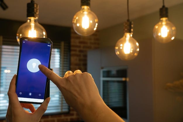 A close-up of a hand holding a smartphone, adjusting the warm glow of smart light bulbs installed in a modern pendant lamp.