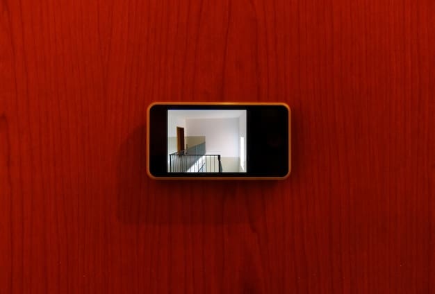 A digital interface showing a live feed from a smart security camera, positioned above a doorway, with a notification pop-up for detected motion.