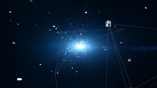 A network of glowing nodes representing interconnected smart home devices, with data flowing seamlessly between a smart speaker, thermostat, and security camera, against a futuristic backdrop.