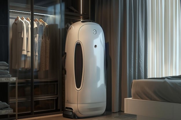 A sleek, humanoid-like domestic robot folding laundry in a modern smart home, with integrated smart appliances in the background.