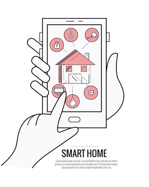 A person's hand holding a smartphone, troubleshooting a smart home app with a network diagram overlay, suggesting the complexities of device connectivity and problem-solving, set against a blurred background of various smart devices.