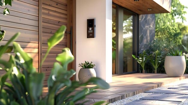 A sleek, modern smart home security camera mounted on the exterior of a contemporary house, clearly visible and acting as a deterrent. The house has clean lines and manicured landscaping.