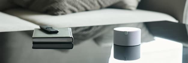 A sleek, minimalist smart home hub device sitting on a modern wooden table, subtly glowing, surrounded by abstract representations of connected devices radiating out from it.
