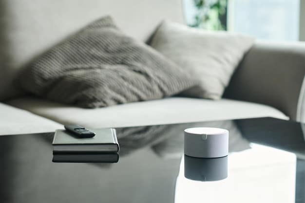 A minimalist smart home setup featuring a smart speaker on a sleek shelf, connected wirelessly to a television and subtle ambient lighting, all controlled by a tablet displaying a home automation app.