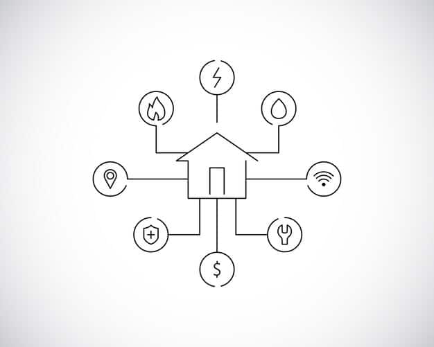 A clean, minimalist diagram illustrating the flow of energy in a smart home, showing connections between a smart hub, solar panels on a roof, a home battery storage unit, and various smart appliances. Arrows demonstrate efficient energy distribution.