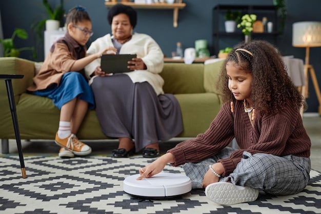 A family in a modern living room interacts with a smart home hub, which is centrally placed, as they engage with its voice-activated security features. The scene highlights ease of use and family safety.