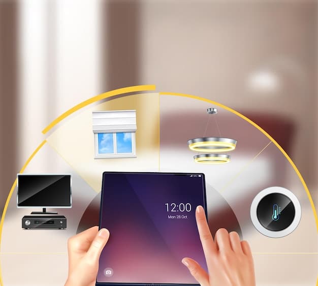 A sleek, modern smart home hub screen displaying a unified dashboard for controlling TV, lights, sound system, and security. Various smart devices are depicted as connected and communicating.