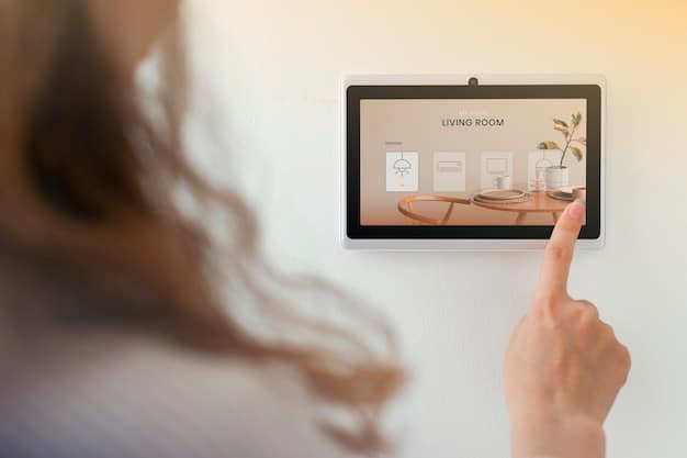 A close-up of a smart thermostat being adjusted by a hand, with a partially visible smart speaker in the background, suggesting seamless integration of climate control and voice command.